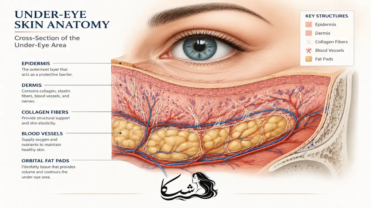ساختار لایه های پوست زیر چشم و علل تیرگی و پف دور چشم - نمودار آموزشی