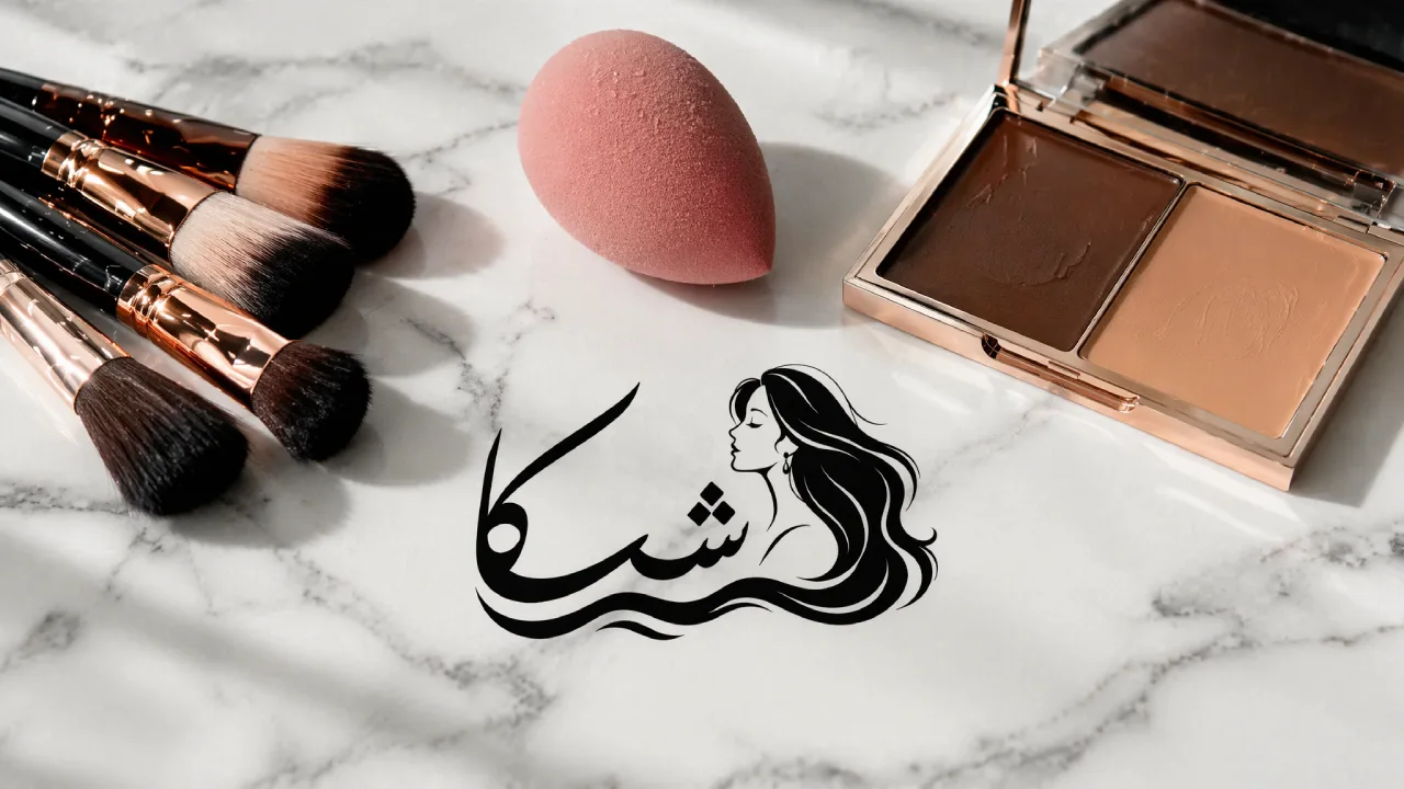 ابزارهای حرفه ای کانتورینگ صورت شامل براش مویی، بیوتی بلندر و پالت کانتور چرب روی میز مرمری.