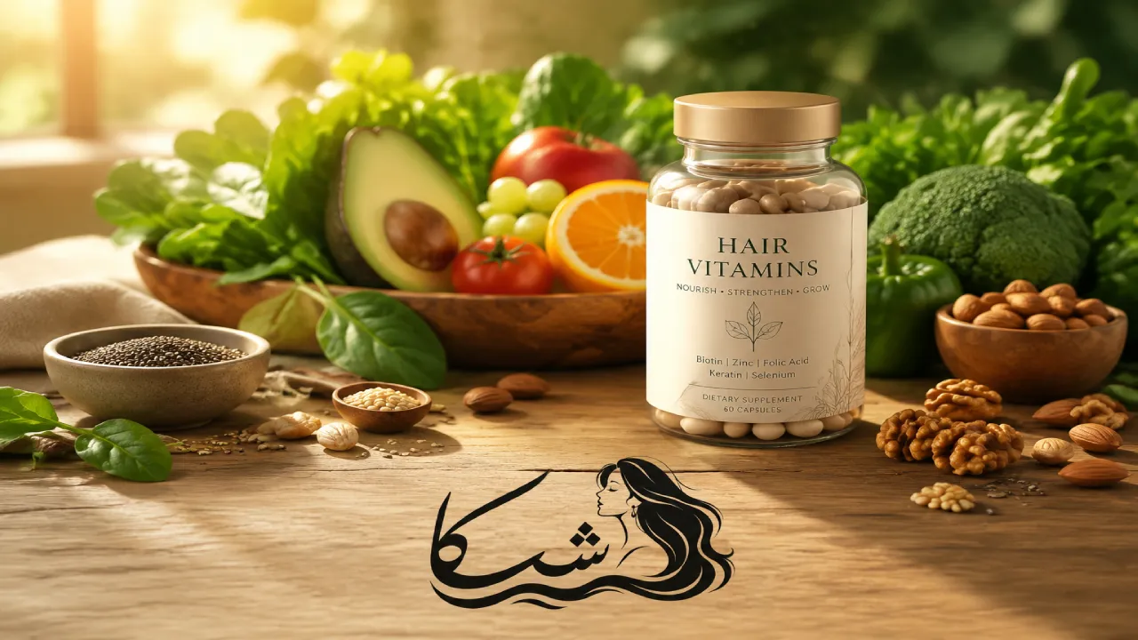  تصویری زیبا از یک رژیم غذایی متعادل و سالم شامل میوه ها، سبزیجات و پروتئین، در کنار یک بطری شیک از مکمل های ویتامینی برای مو.