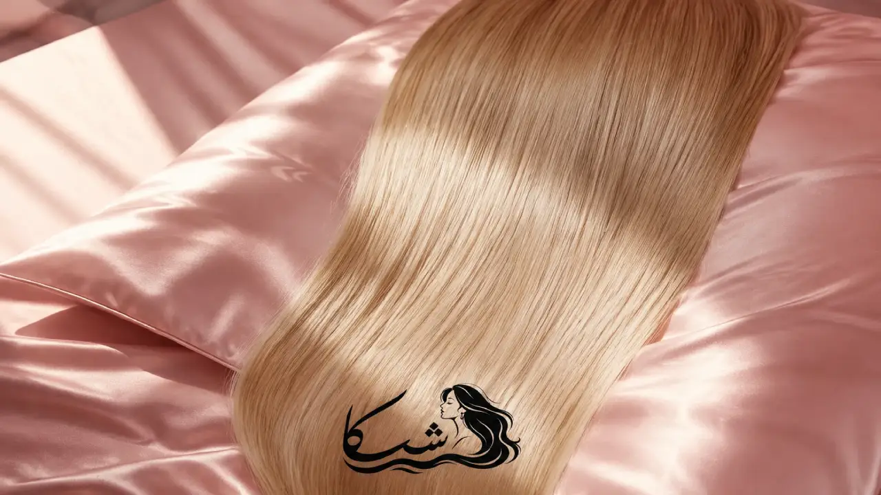 مو های صاف و درخشان زنانه که برای جلوگیری از موخوره روی یک روبالشی ابریشمی قرار گرفته اند.