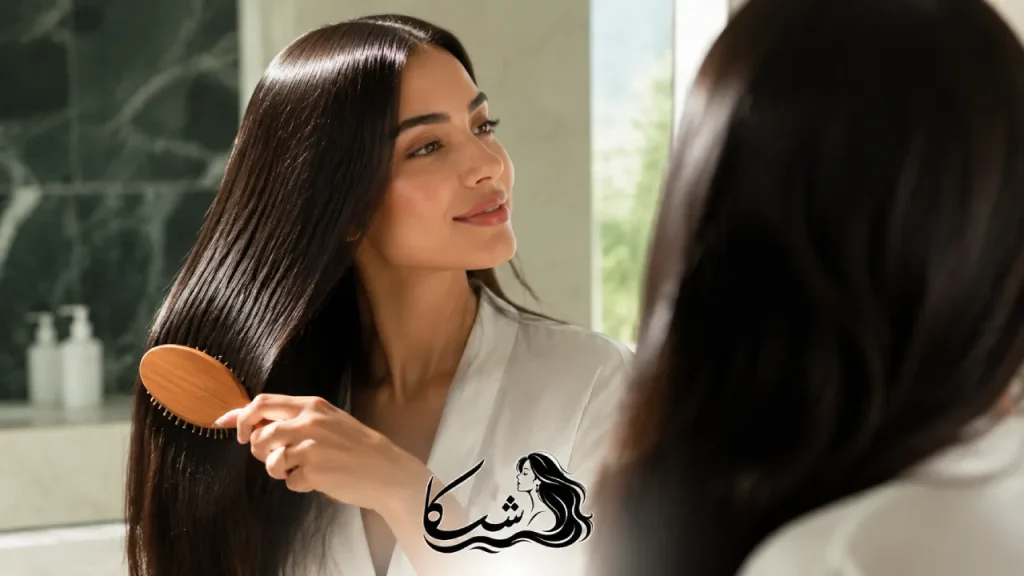 زن جوانی با مو های صاف و براق کراتین شده در حال شانه کردن مو های خود در روتین مراقبتی. | روتین مو های کراتین شده