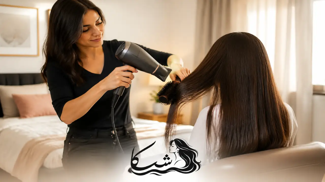 زنی در حال خشک کردن مو های لخت و کراتین شده خود با سشوار در روتین بعد از حمام.