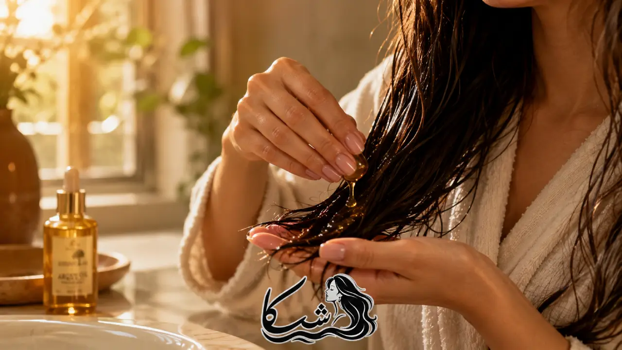  زنی در حال زدن چند قطره روغن آرگان به انتهای موهای نم دار خود برای جلوگیری از موخوره.