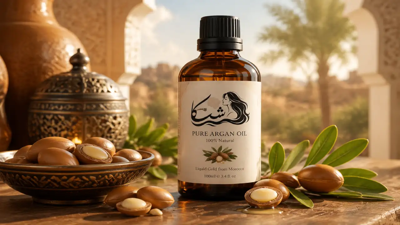 شیشه تیره رنگ حاوی روغن آرگان اصل مراکشی در کنار دانه های طبیعی درخت آرگان.
